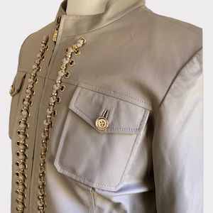 St John SoCa Beige Leather Jacket Gold Chain Embellishments Leopard Lining Large